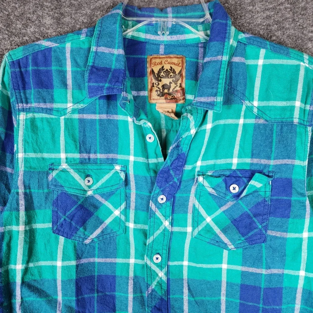 Red Camel Shirt Boys XL Plaid Teal Blue Western Button Down Long Sleeve EUC
